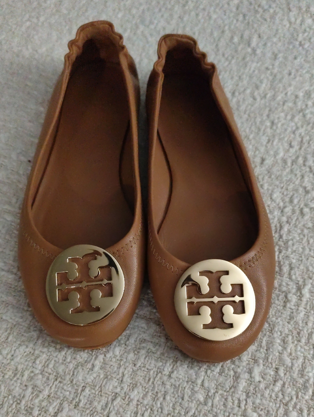 Tory Burch Tan Leather Logo Round-Toe Ballet Flats size 6.5M